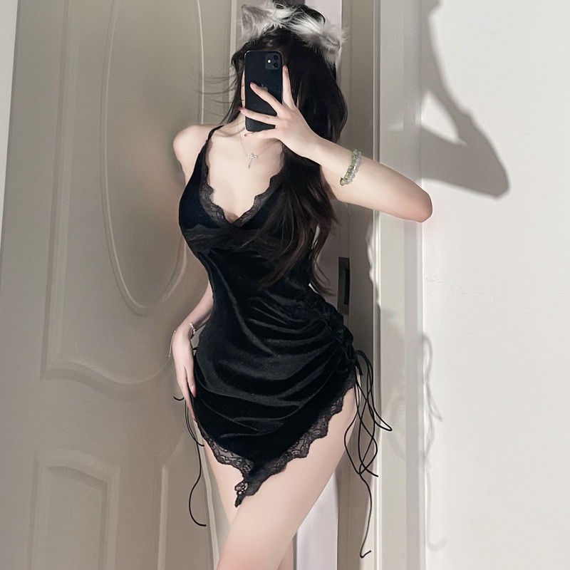 Crossfit Event - 3-teiliges sexy Samt-Spitzenkleid mit schmalen Trägern,